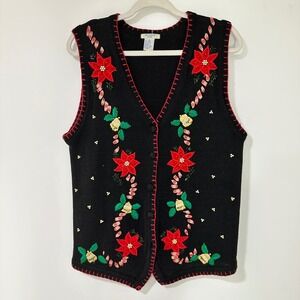 Ship'n Shore Sport Christmas Sweater Vest Womens Small Black Ramie Poinsettia
